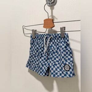 Little Surfer Dude Blue Checkered Swim Trunks